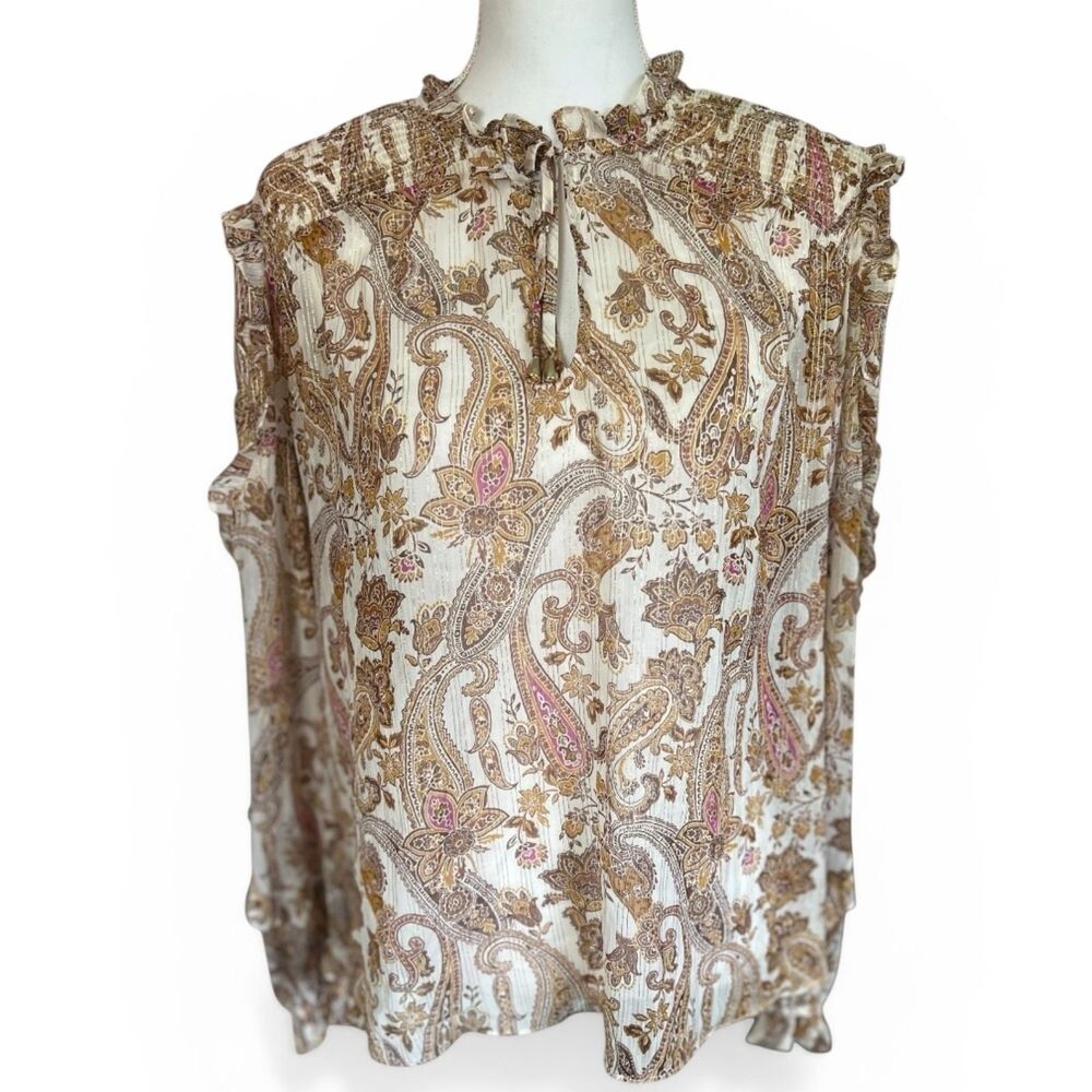 INC Boho Paisley Ruffle Blouse Tie Neck Sheer Long Sleeve Size L